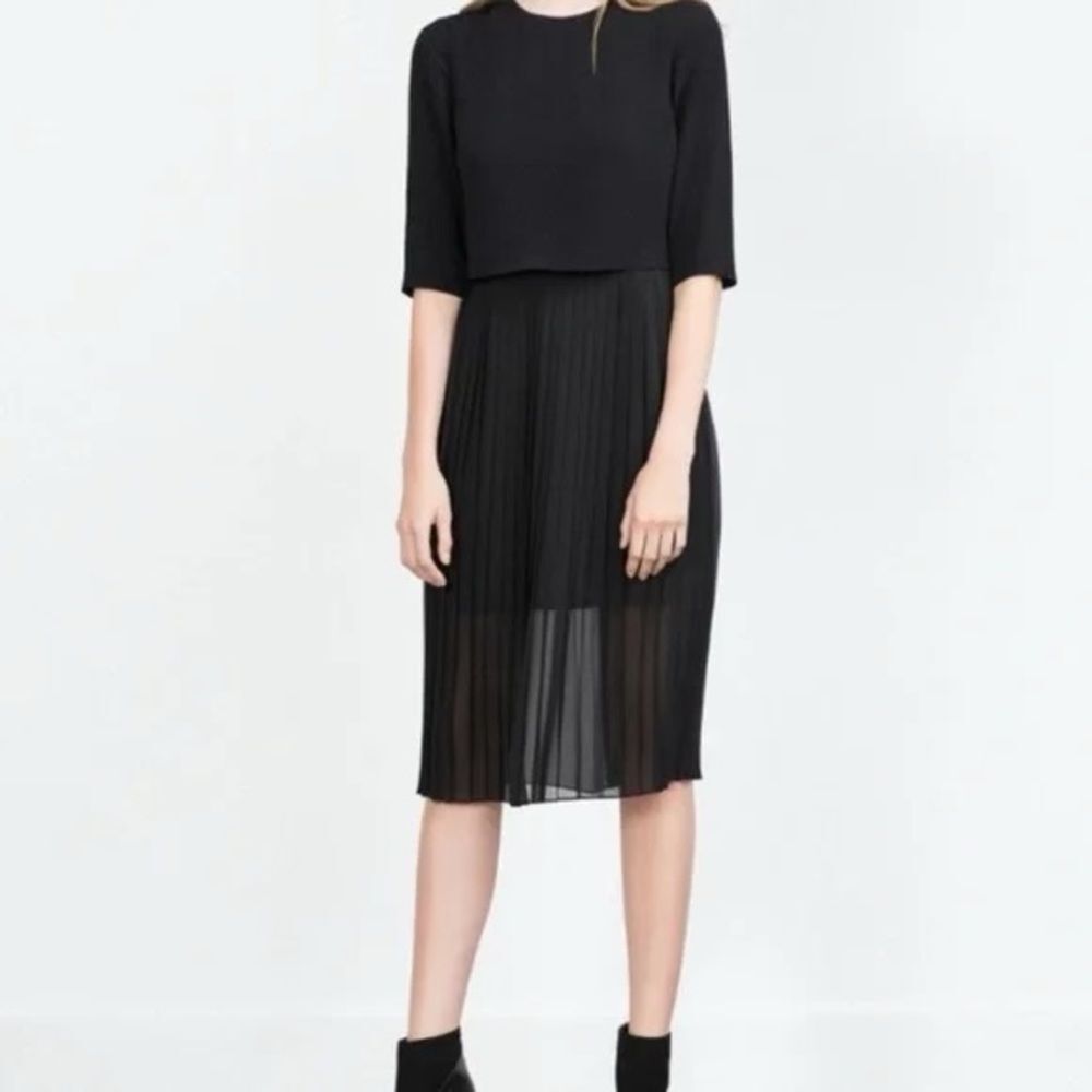 Zara | Women’s Black Midi Dress w/ Sheer overlay